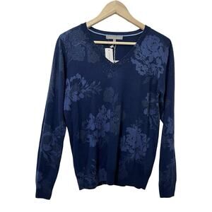 Daniel Rainn Women’s Ari‎ Floral Cashmere Blend V Neck Sweater Size M Navy NWT